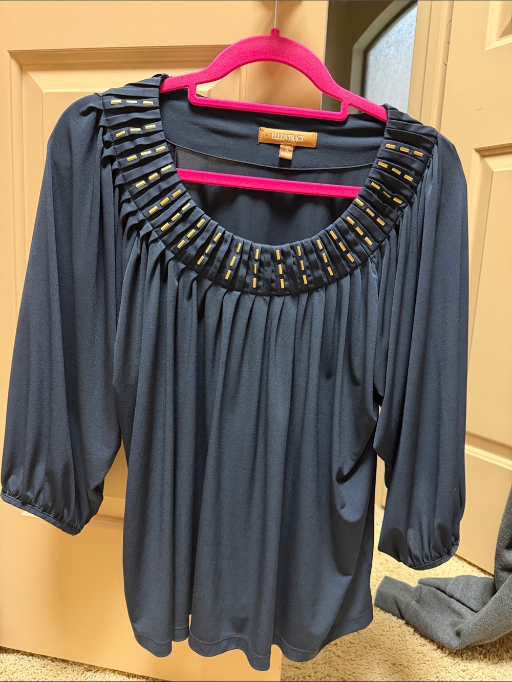 Ellen Tracy Navy Scoop Neck Blouse with Gold Beaded Trim